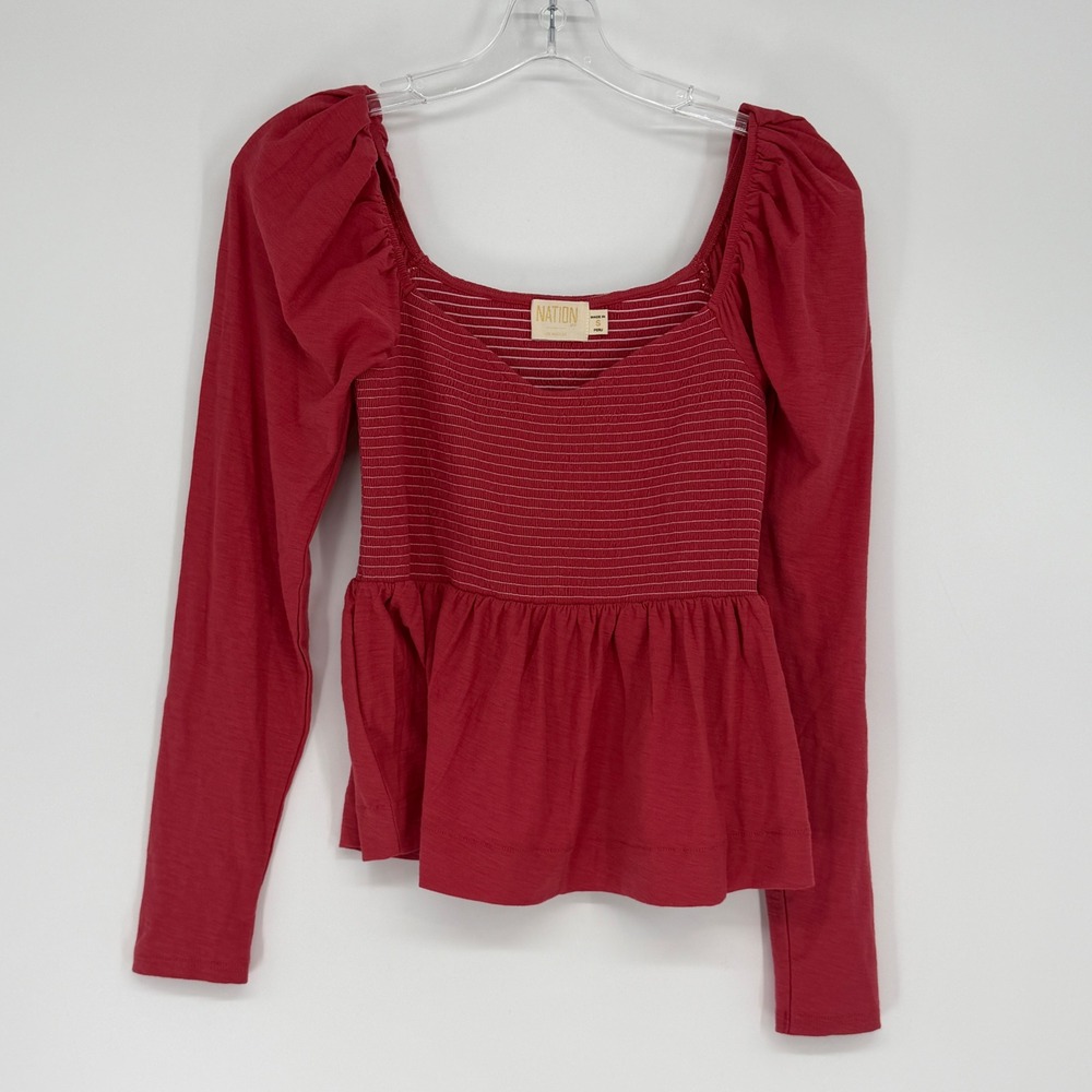 Nation LTD Smocked Puff Sleeve Peplum Top Red Pima Cotton Size S Peasant